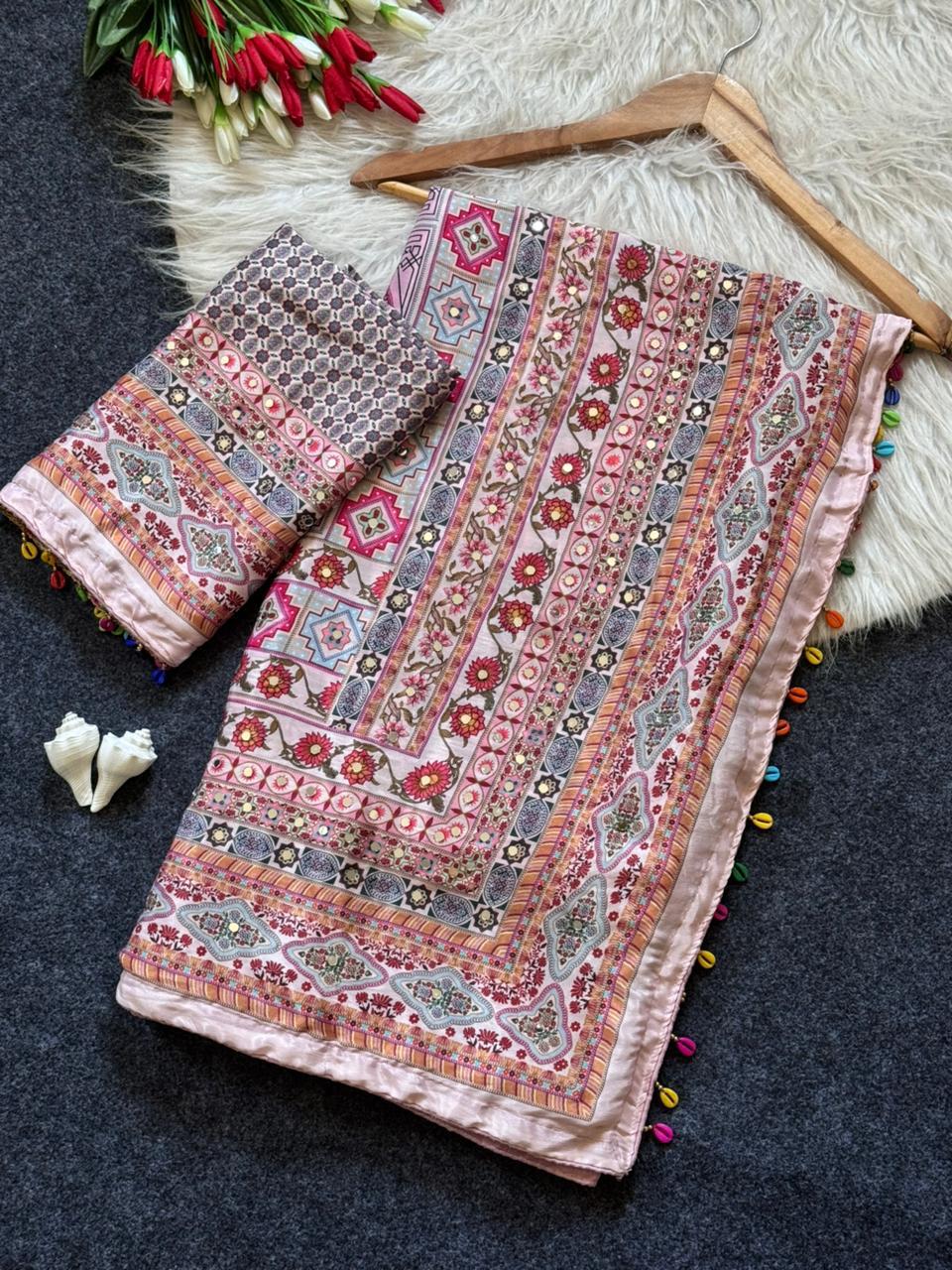 Mirror Work Roman Silk Premium Saree