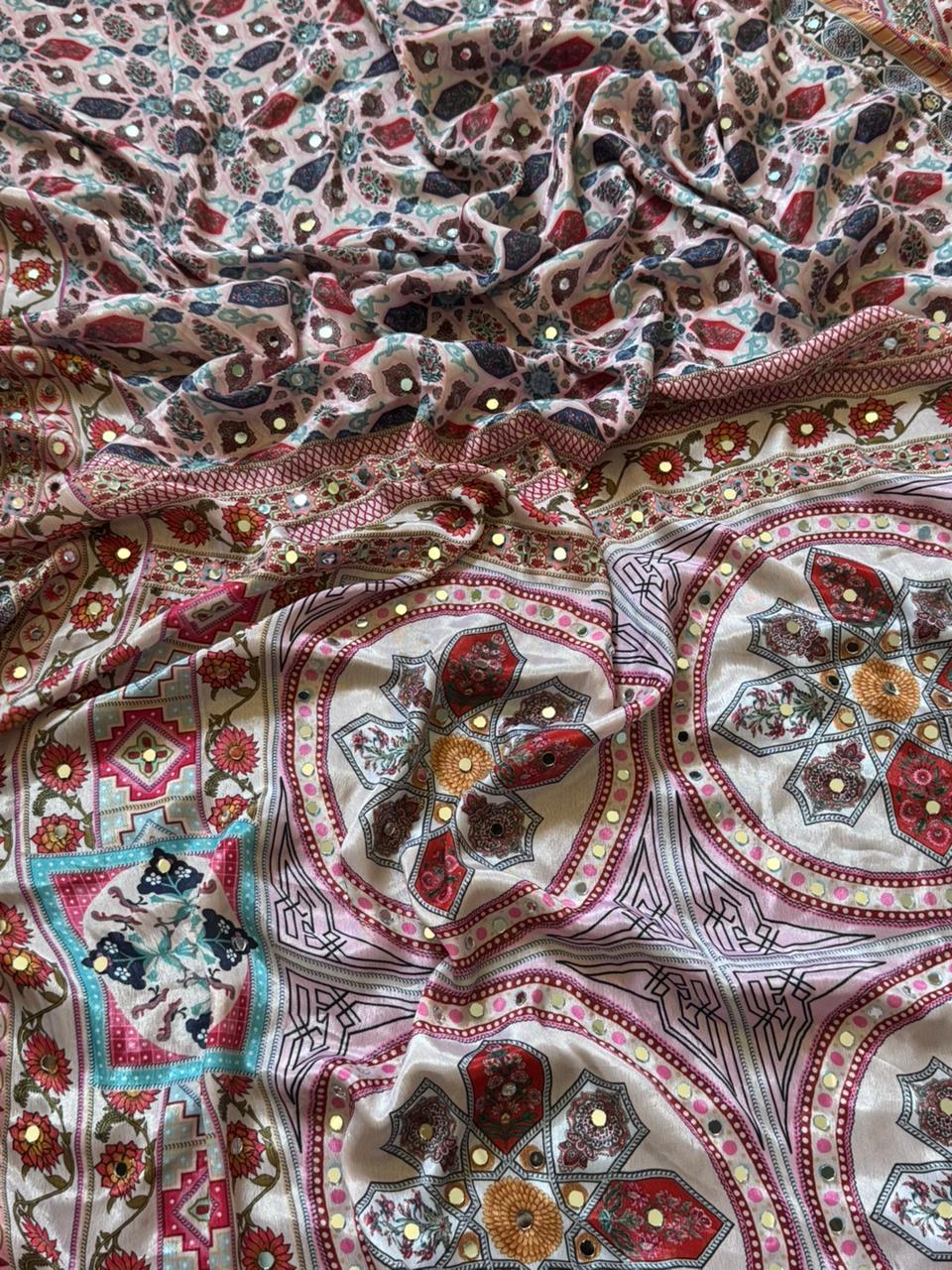 Mirror Work Roman Silk Premium Saree