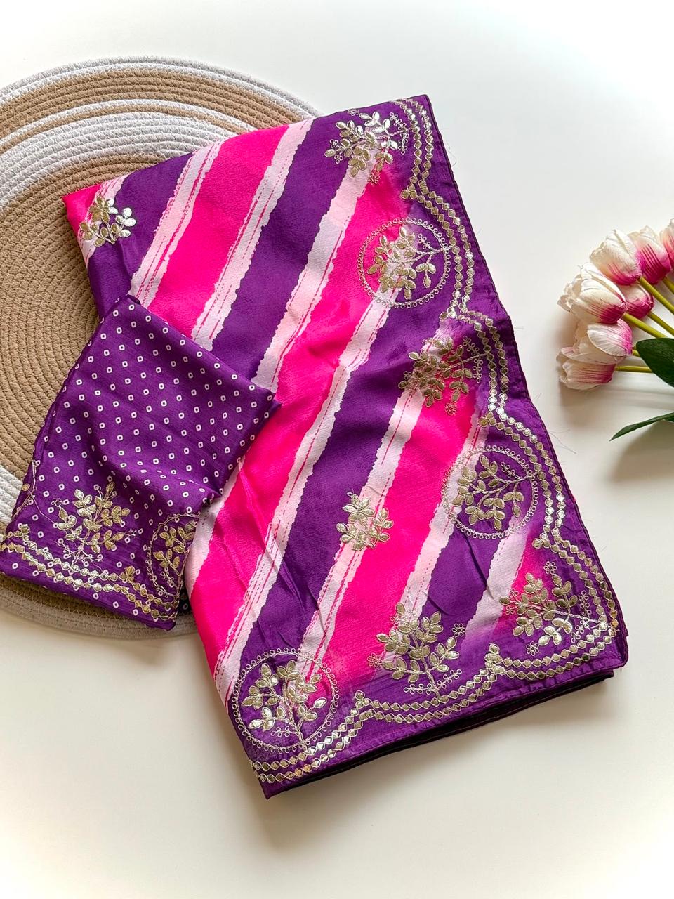 Striped Colorful Chinon Lehriya Saree