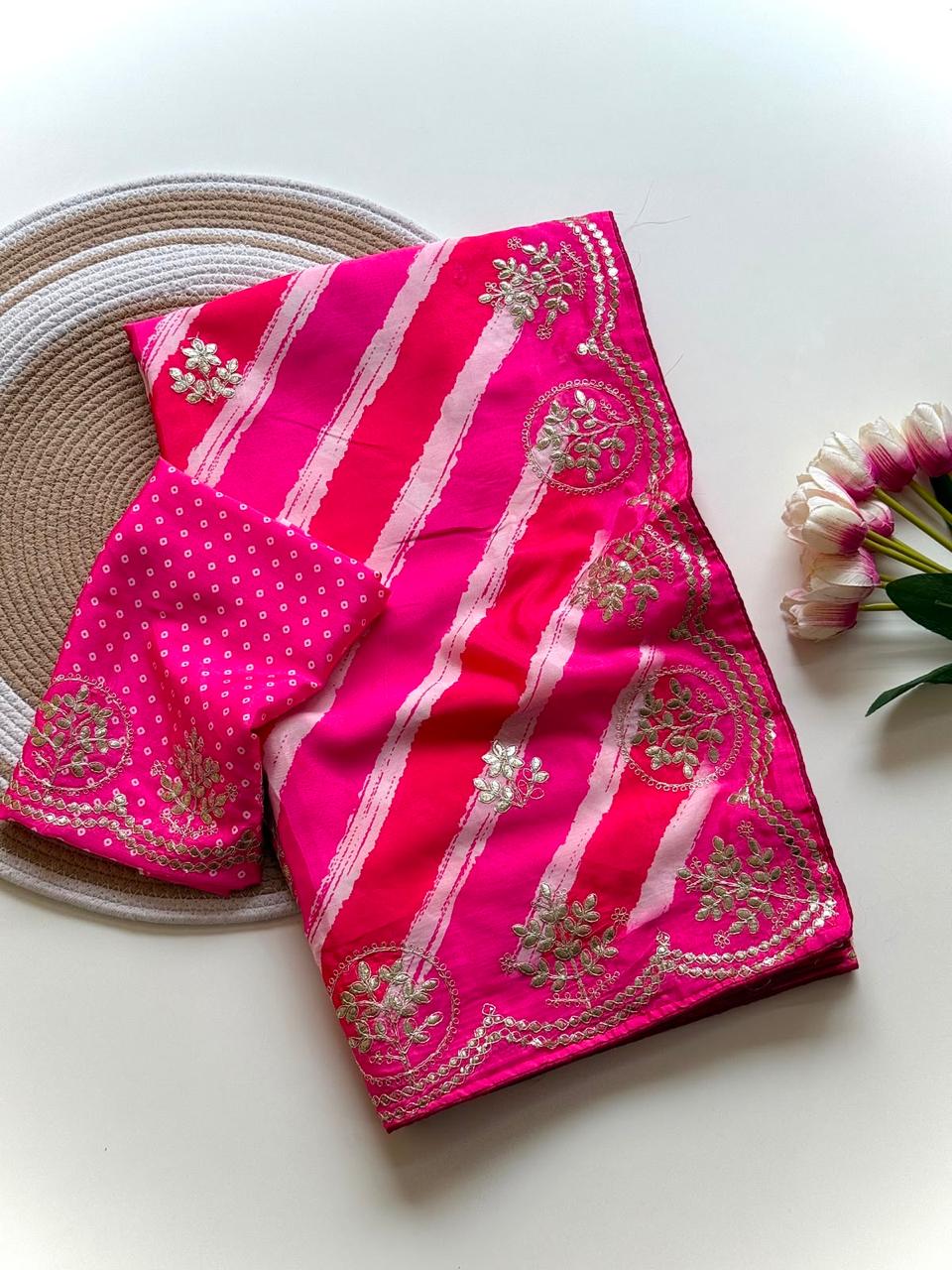 Striped Colorful Chinon Lehriya Saree