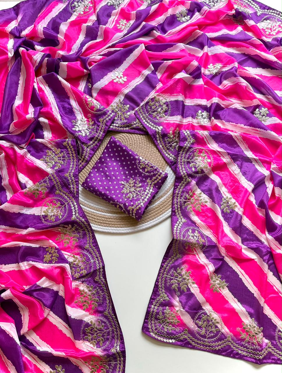 Striped Colorful Chinon Lehriya Saree