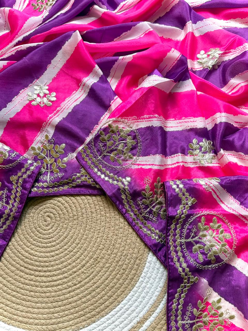 Striped Colorful Chinon Lehriya Saree