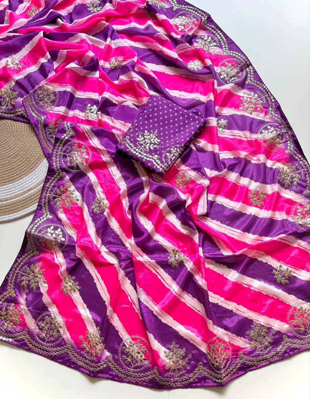 Striped Colorful Chinon Lehriya Saree