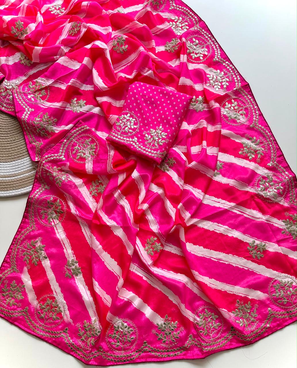 Striped Colorful Chinon Lehriya Saree