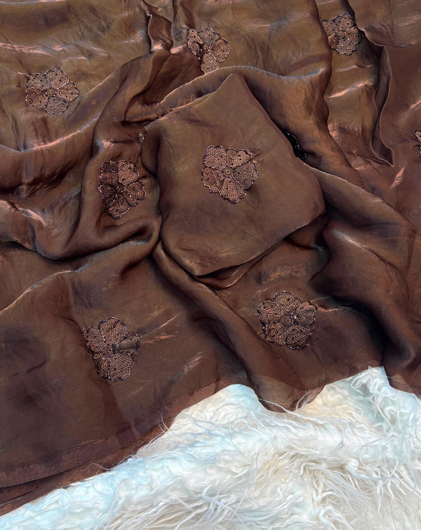 Dark Mocha Premium Space Silk Saree with Beads & Embroidery