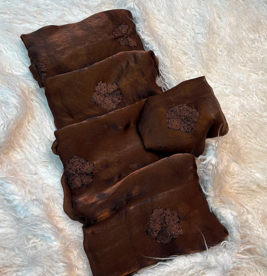 Dark Mocha Premium Space Silk Saree with Beads & Embroidery