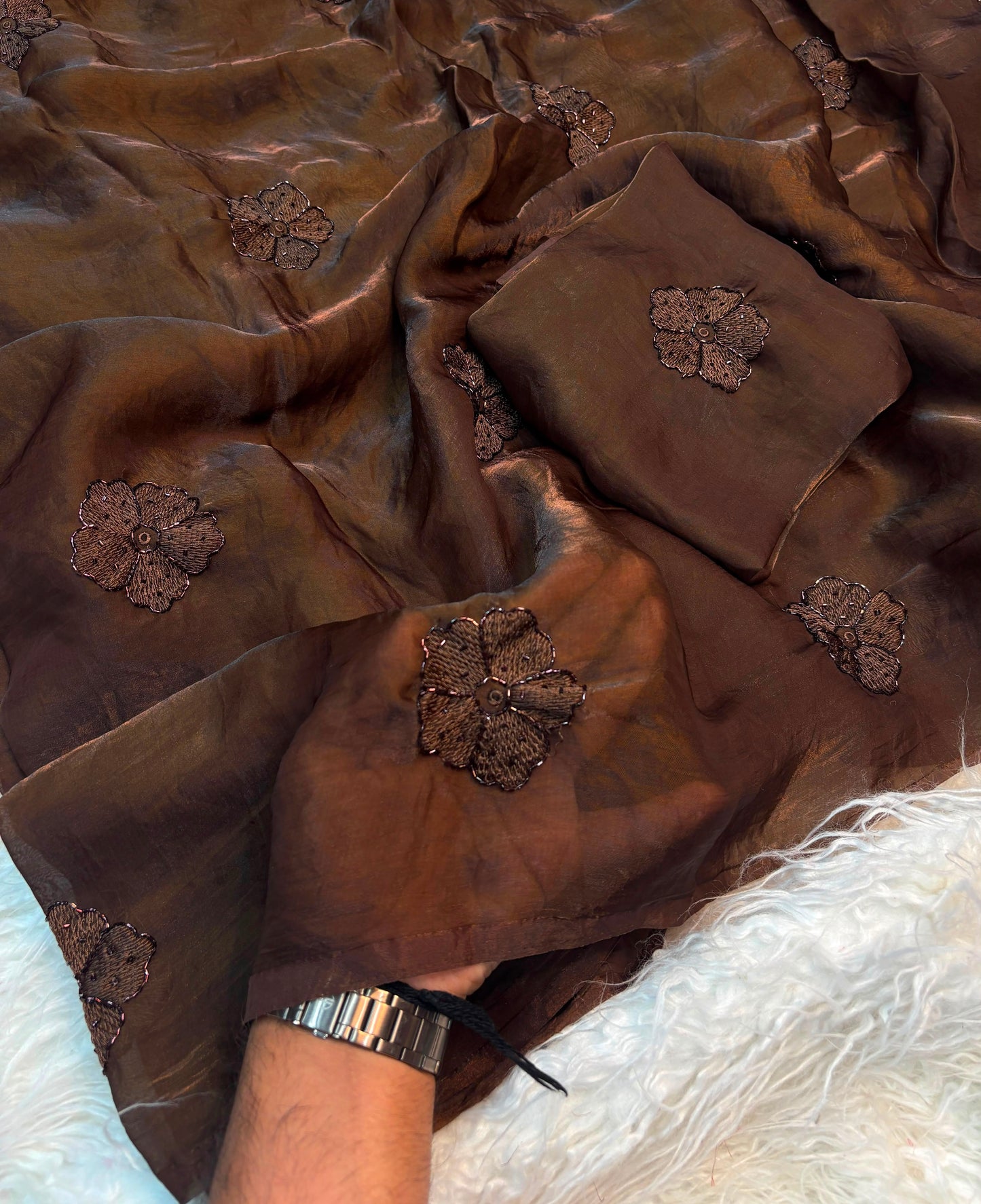 Dark Mocha Premium Space Silk Saree with Beads & Embroidery