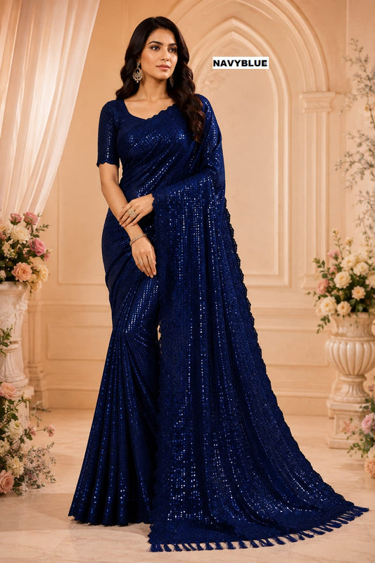 Bollywood Blockbuster 5mm Sequins Georgette Saree with Cutwork Border