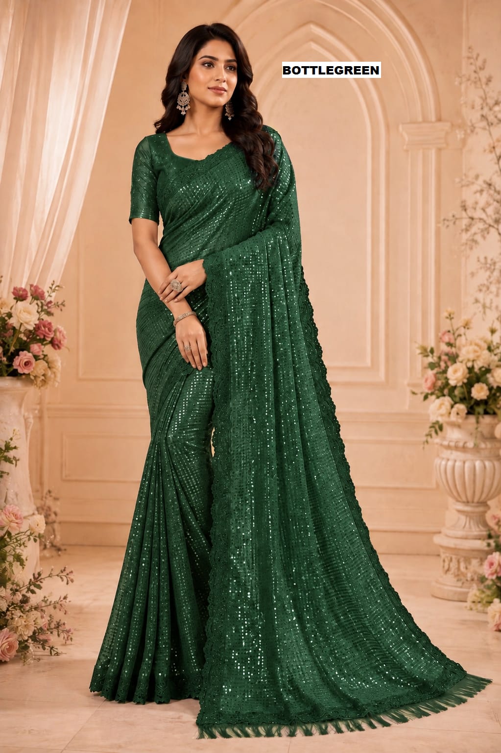 Bollywood Blockbuster 5mm Sequins Georgette Saree with Cutwork Border