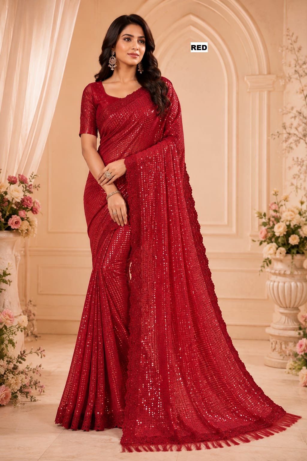 Bollywood Blockbuster 5mm Sequins Georgette Saree with Cutwork Border