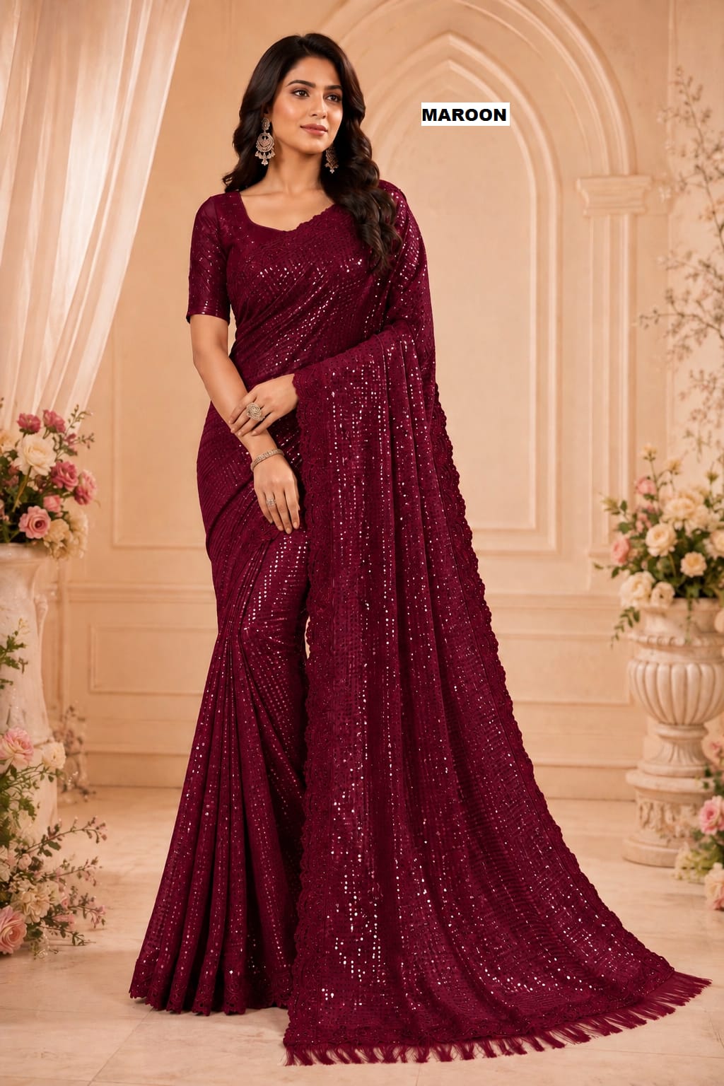 Bollywood Blockbuster 5mm Sequins Georgette Saree with Cutwork Border