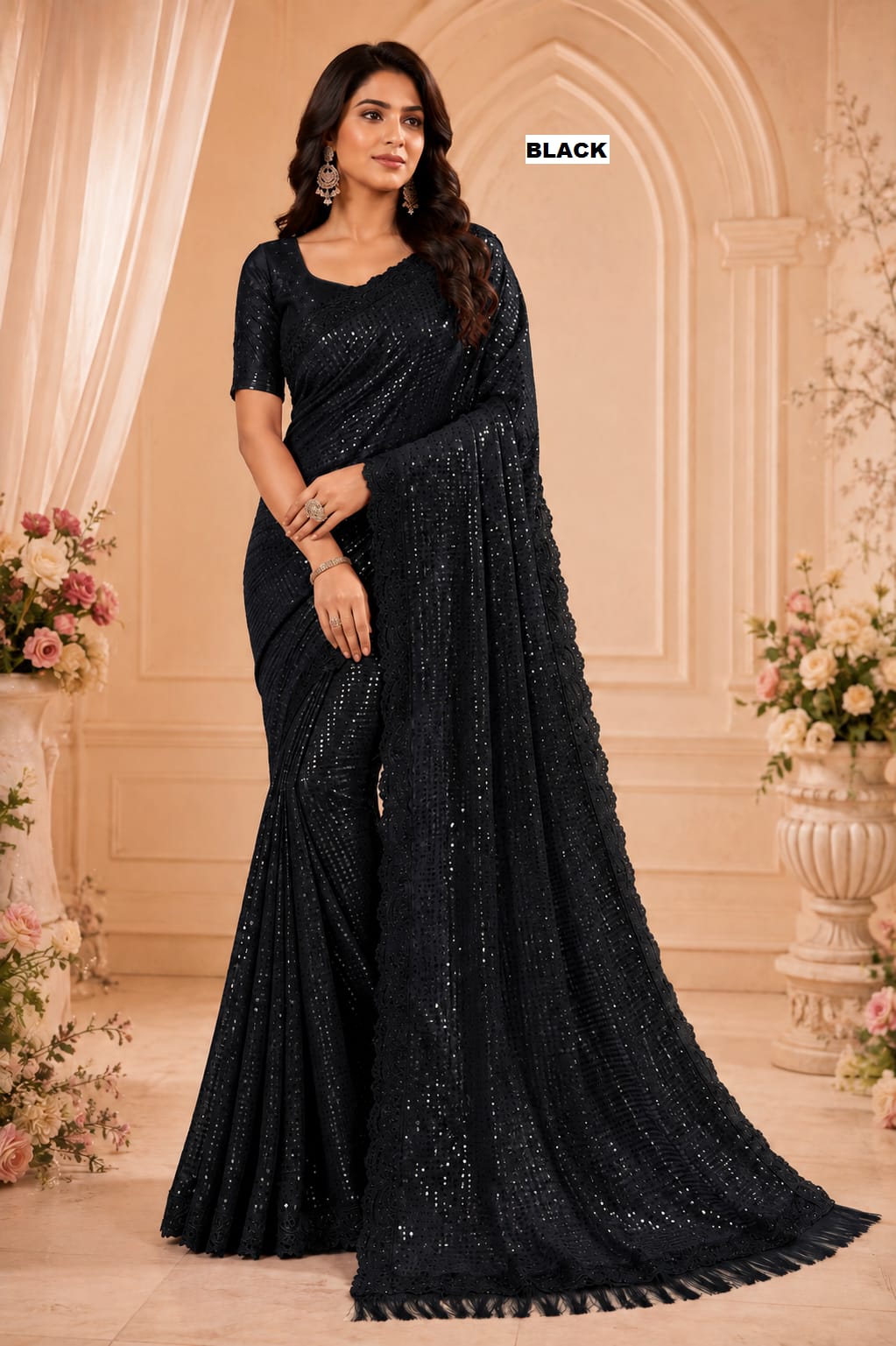 Bollywood Blockbuster 5mm Sequins Georgette Saree with Cutwork Border