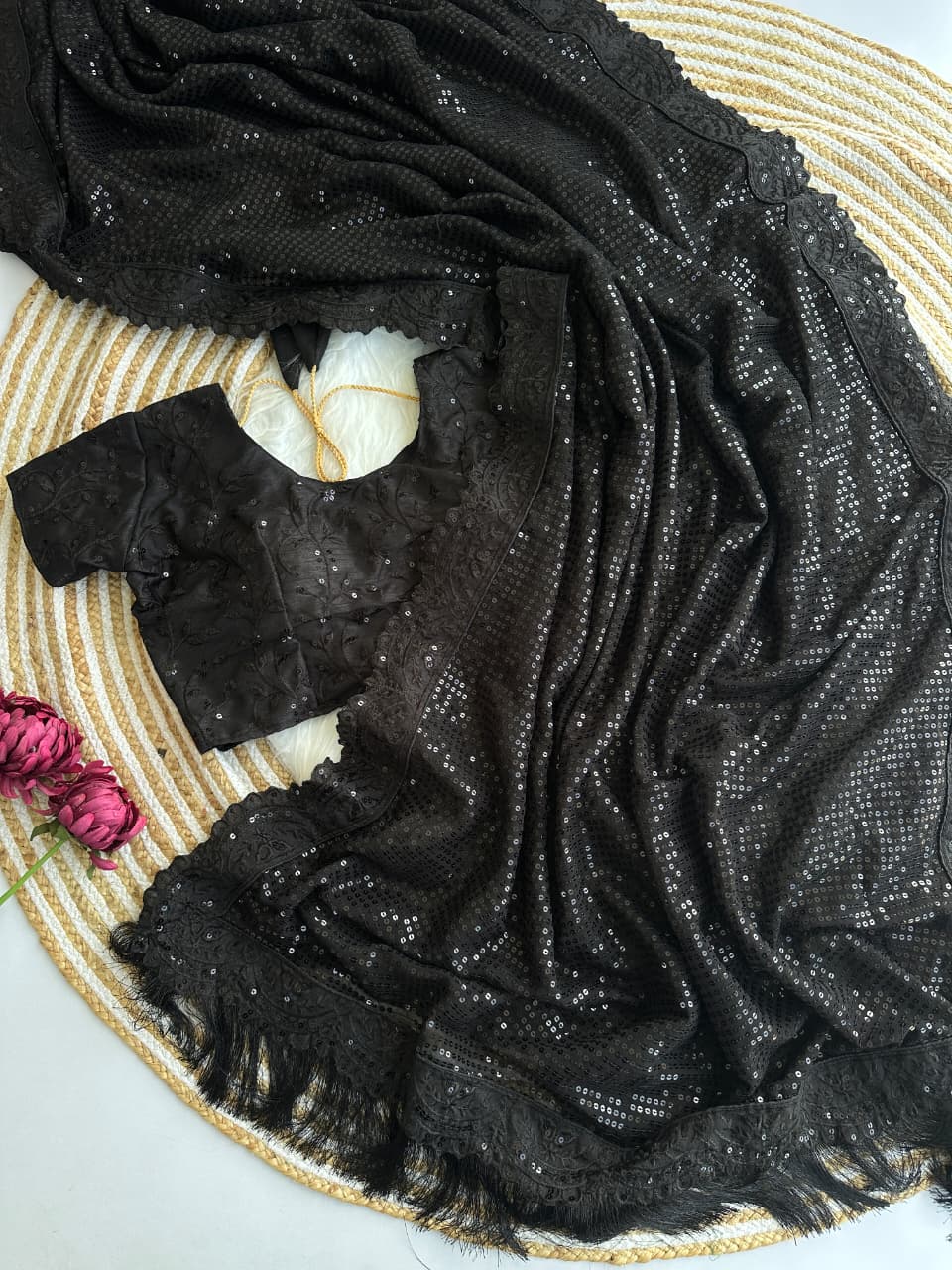 Bollywood Blockbuster 5mm Sequins Georgette Saree with Cutwork Border