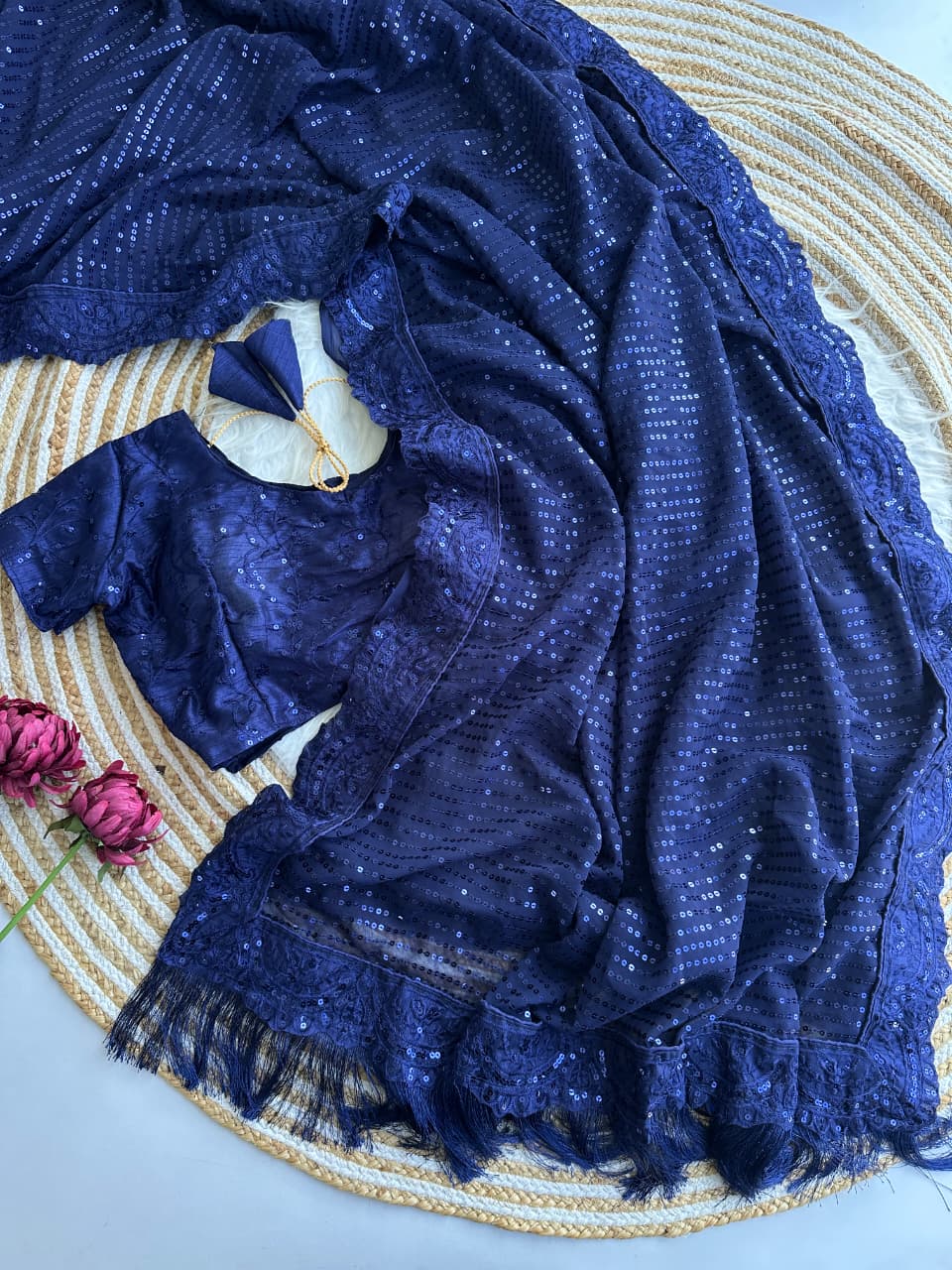 Bollywood Blockbuster 5mm Sequins Georgette Saree with Cutwork Border