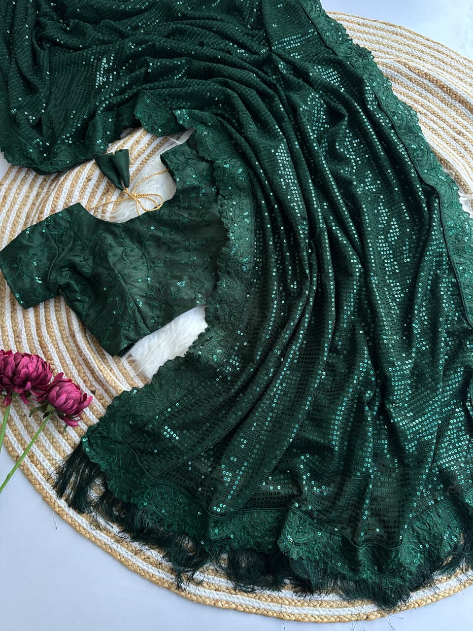 Bollywood Blockbuster 5mm Sequins Georgette Saree with Cutwork Border