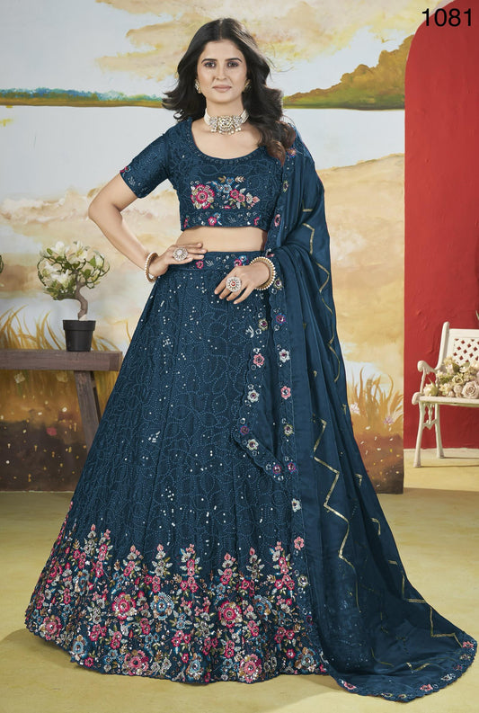 Teal Blue Designed Embroidered Premium Lehanga