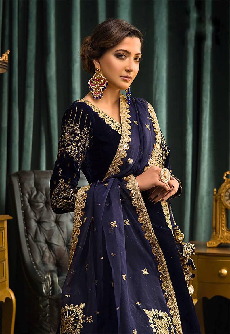 BLUE VELVET EMBROIDERED ANARKALI GOWN