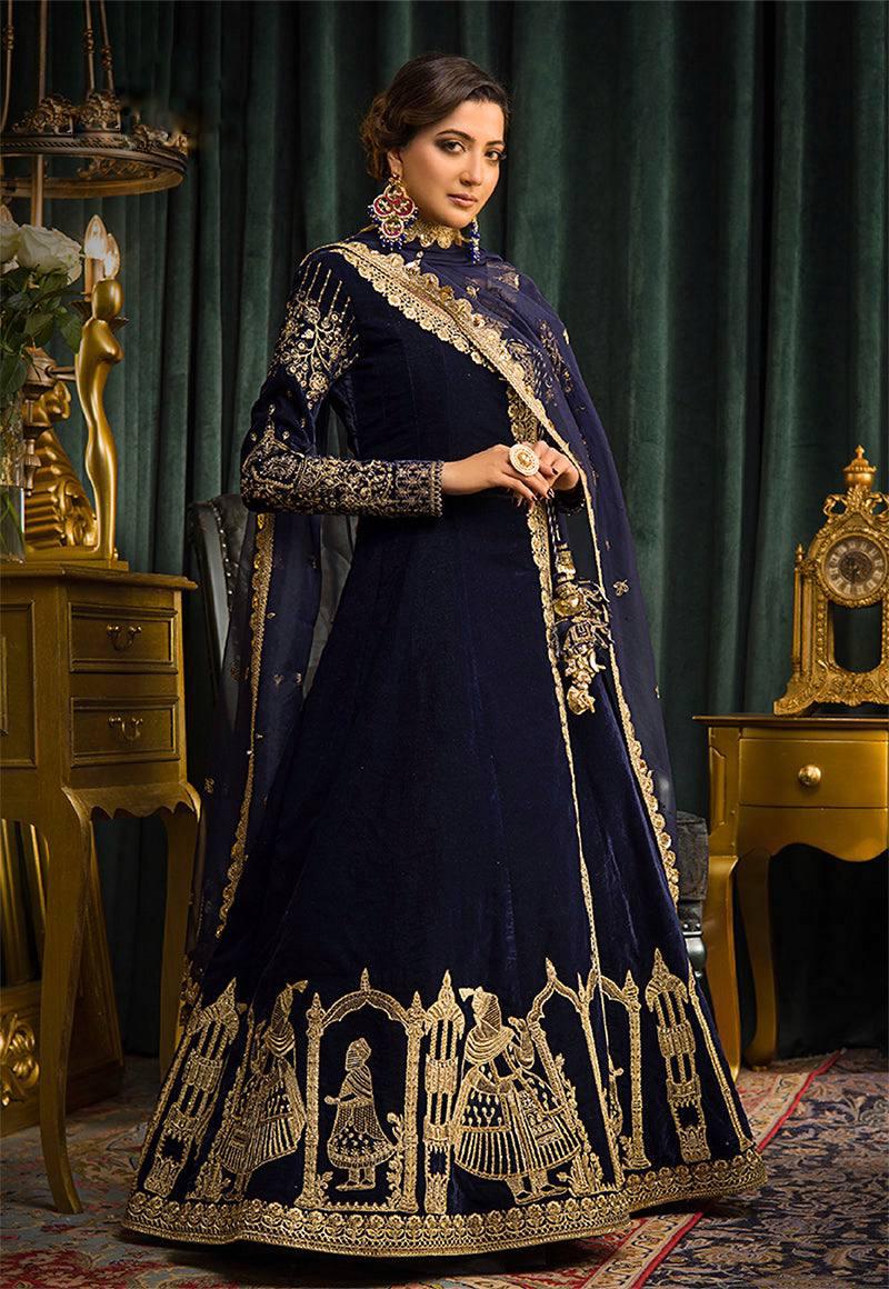 BLUE VELVET EMBROIDERED ANARKALI GOWN