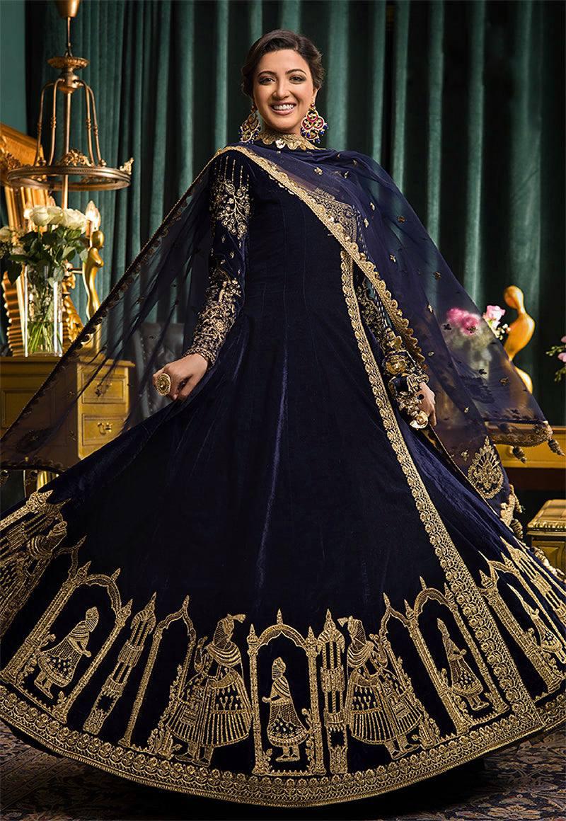 BLUE VELVET EMBROIDERED ANARKALI GOWN