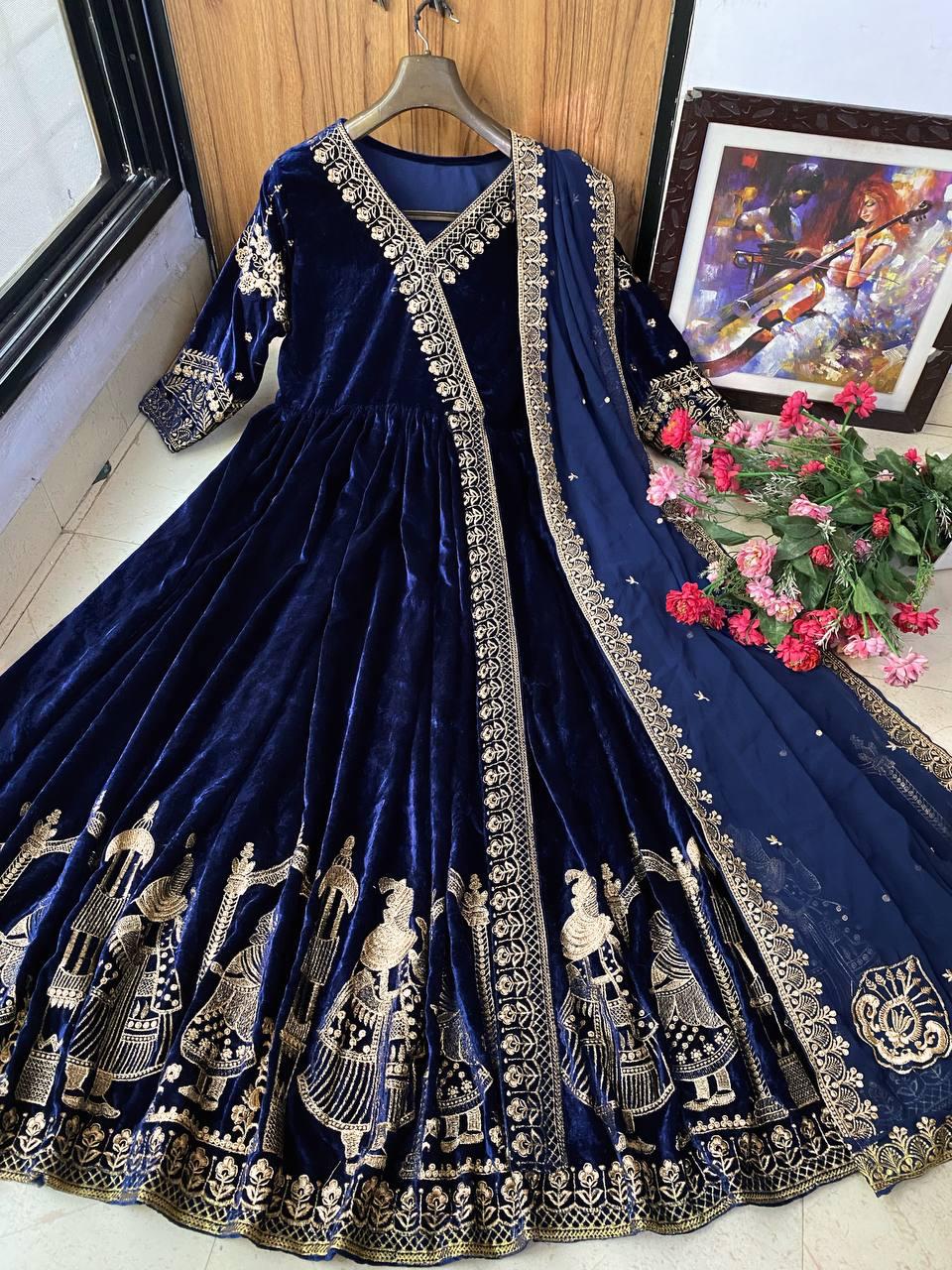BLUE VELVET EMBROIDERED ANARKALI GOWN