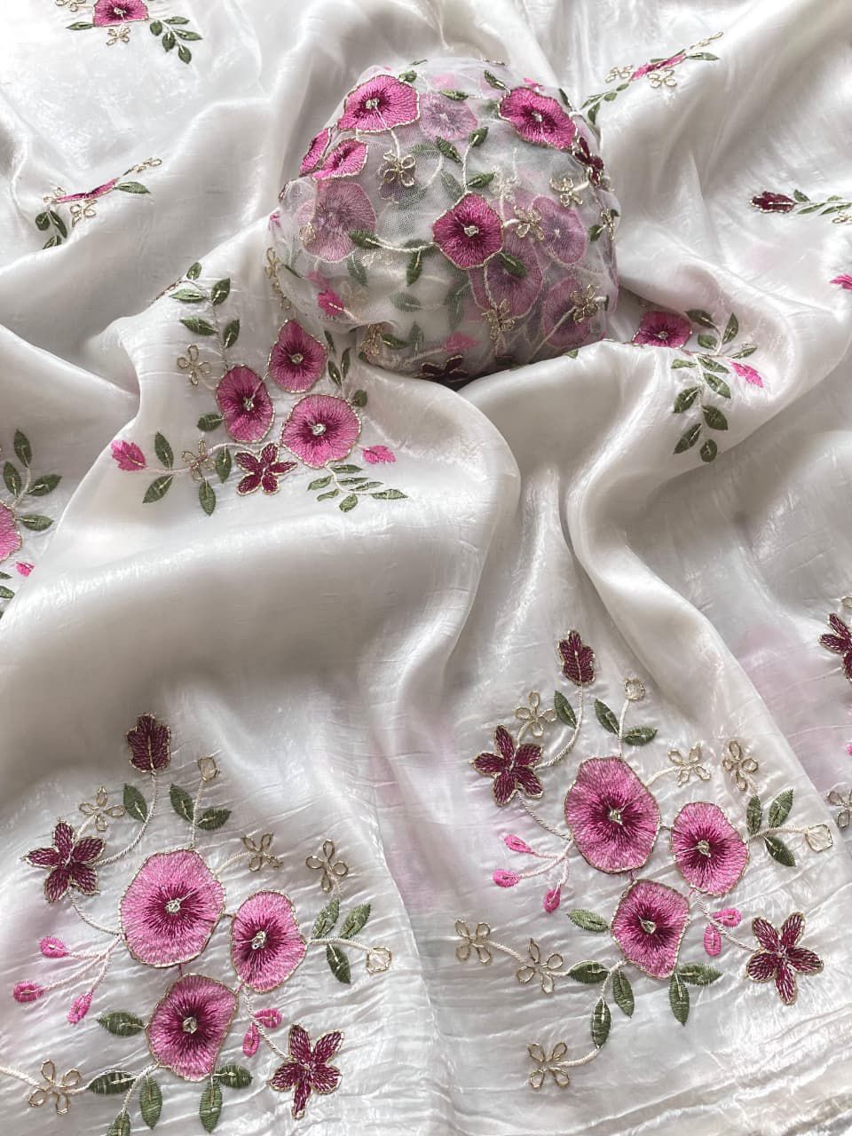 HandWorked Pure Crushed Floral Designer Embroidered Saree
