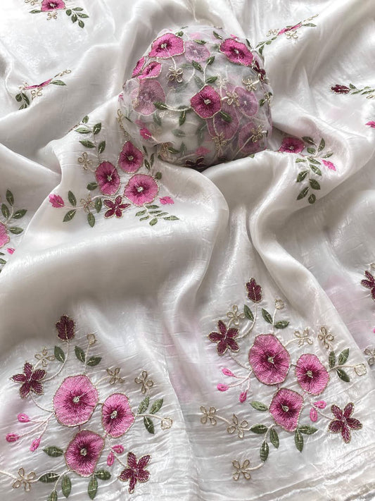 HandWorked Pure Crushed Floral Designer Embroidered Saree