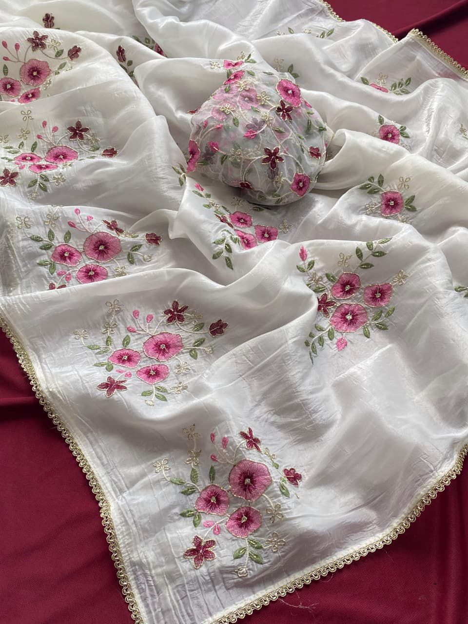 HandWorked Pure Crushed Floral Designer Embroidered Saree