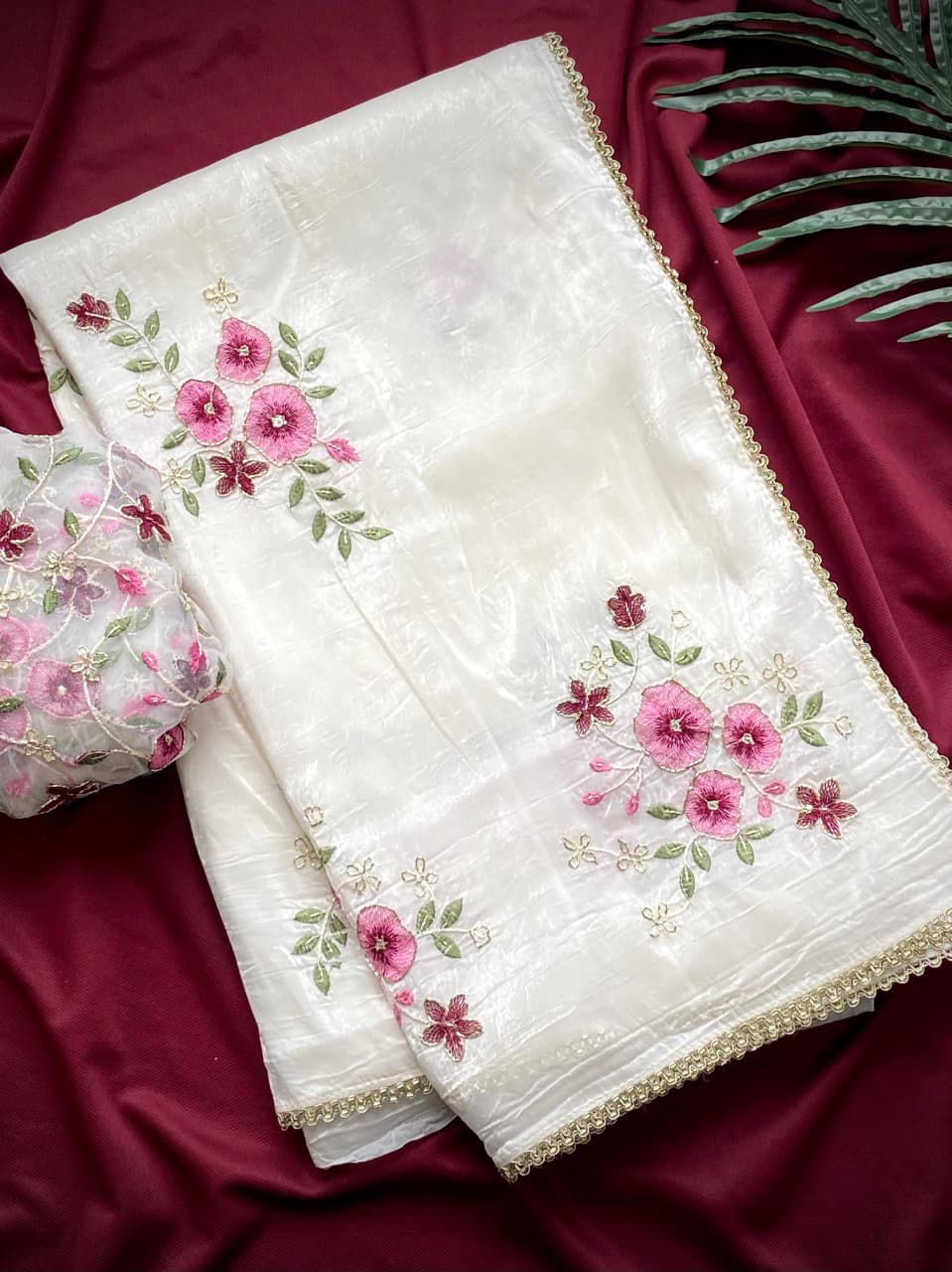 HandWorked Pure Crushed Floral Designer Embroidered Saree