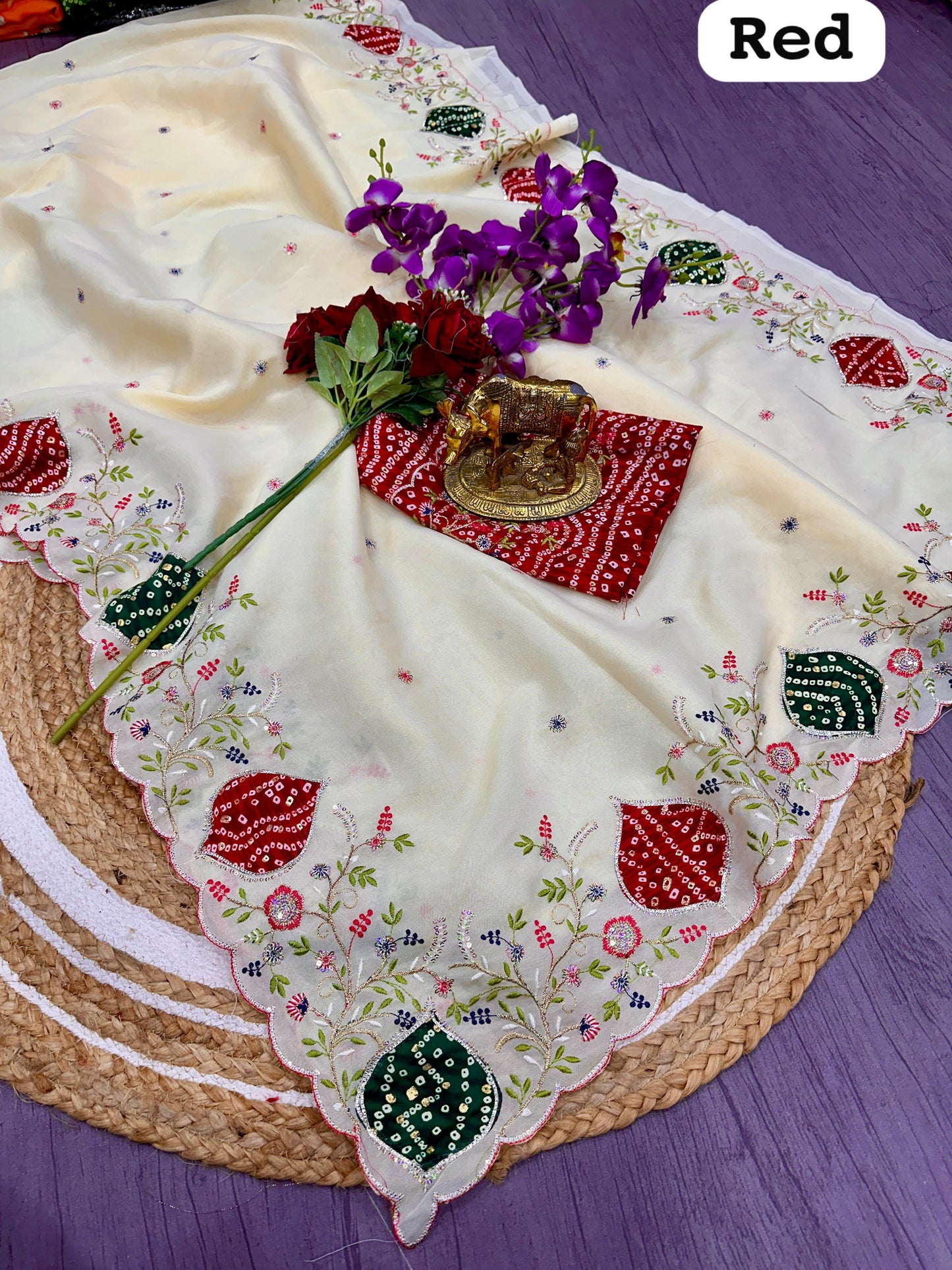 White Pure Crystal Saree in Bandhani Fusion