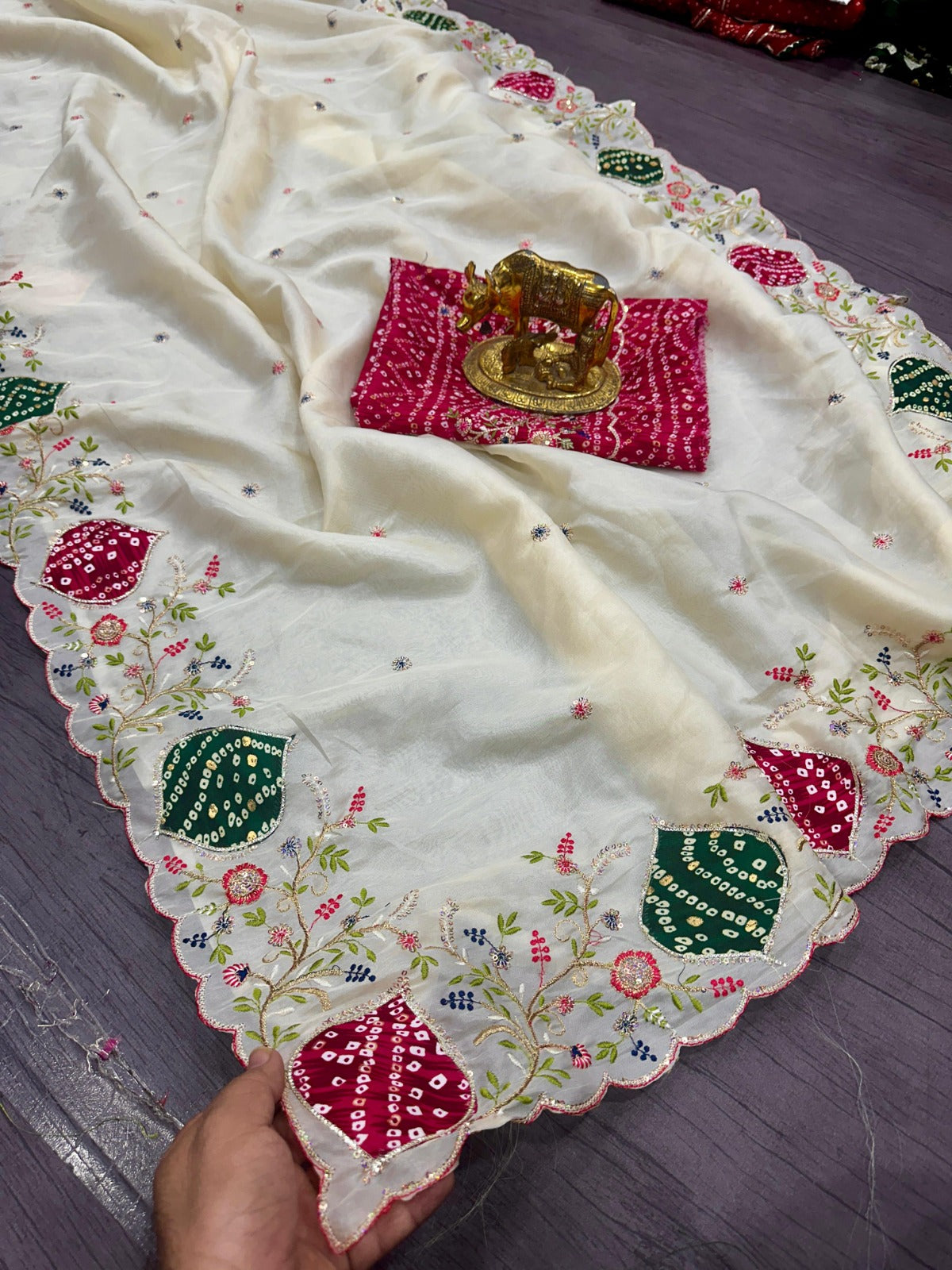 White Pure Crystal Saree in Bandhani Fusion