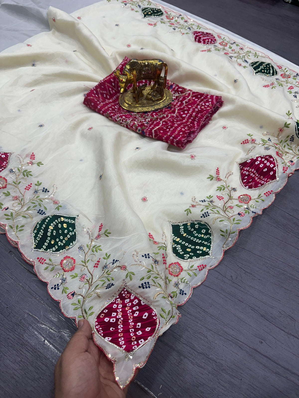 White Pure Crystal Saree in Bandhani Fusion