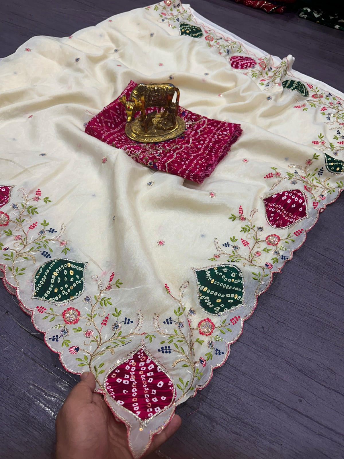 White Pure Crystal Saree in Bandhani Fusion