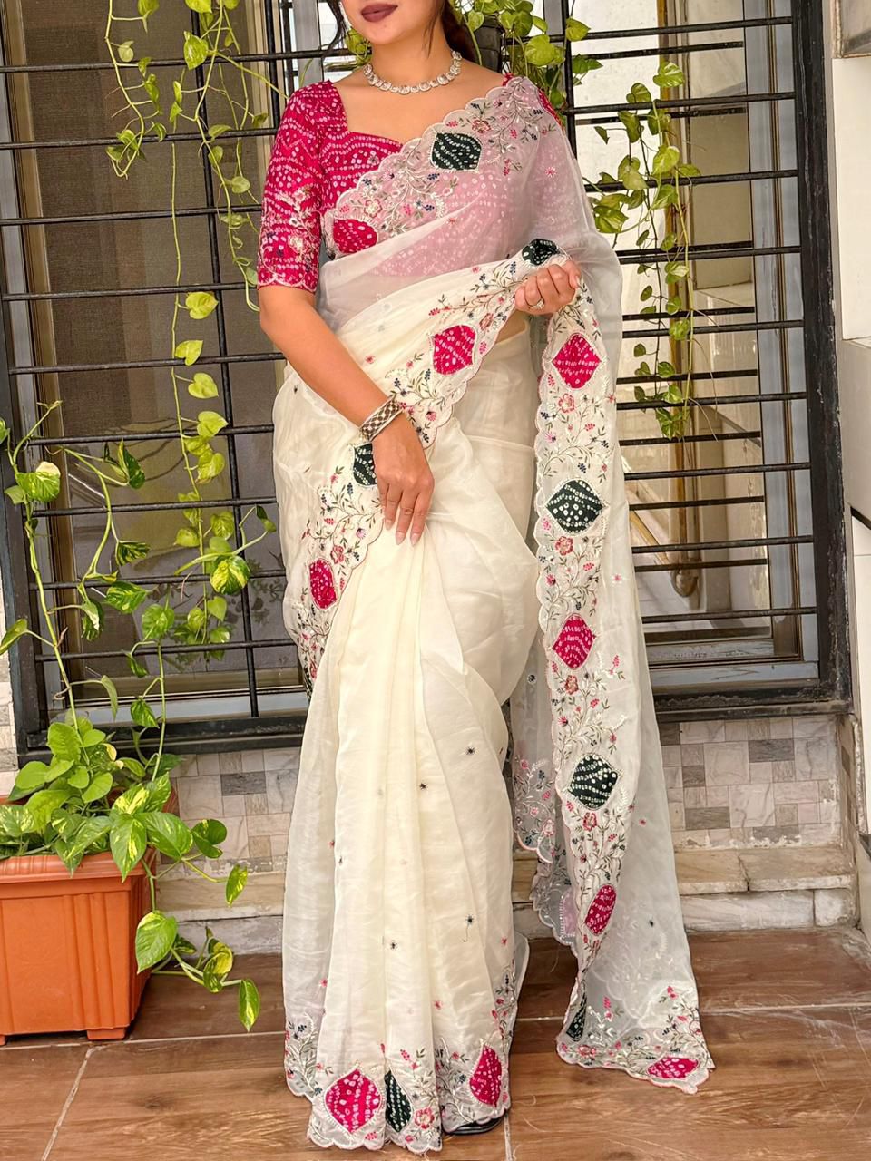 White Pure Crystal Saree in Bandhani Fusion