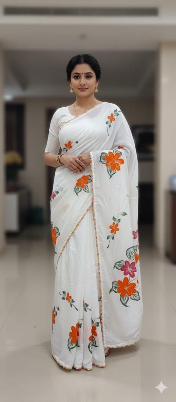 White Floral Print Wonderful Looks Saree
