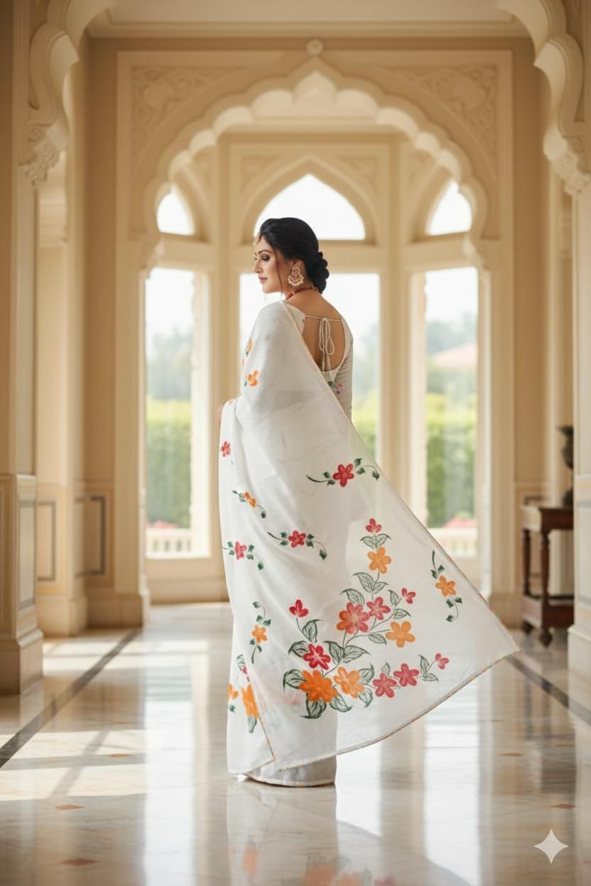 White Floral Print Wonderful Looks Saree