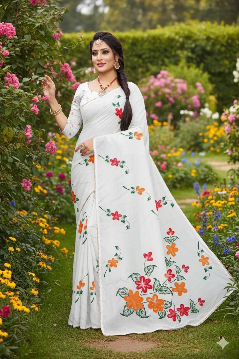 White Floral Print Wonderful Looks Saree