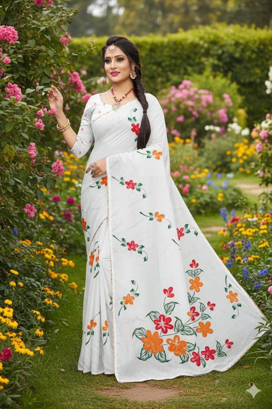 White Floral Print Wonderful Looks Saree