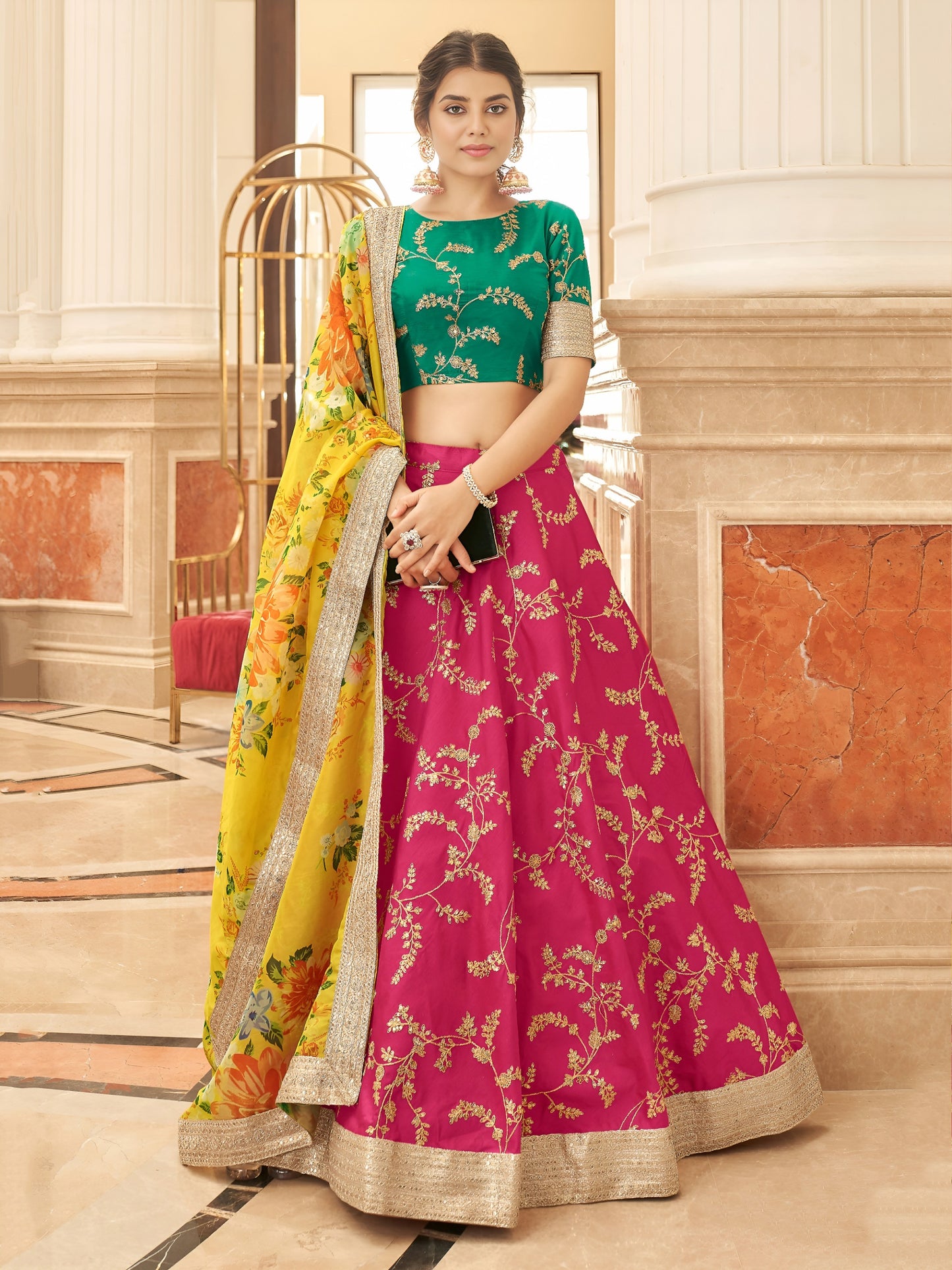 Bright Rani Pink Green Lehenga