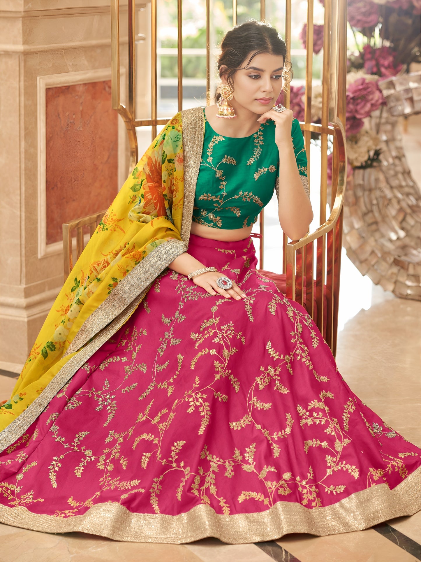 Bright Rani Pink Green Lehenga