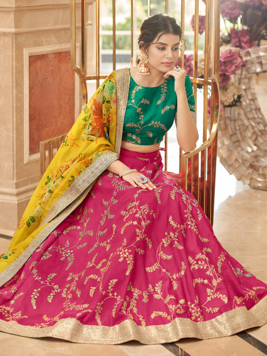 Bright Rani Pink Green Lehenga