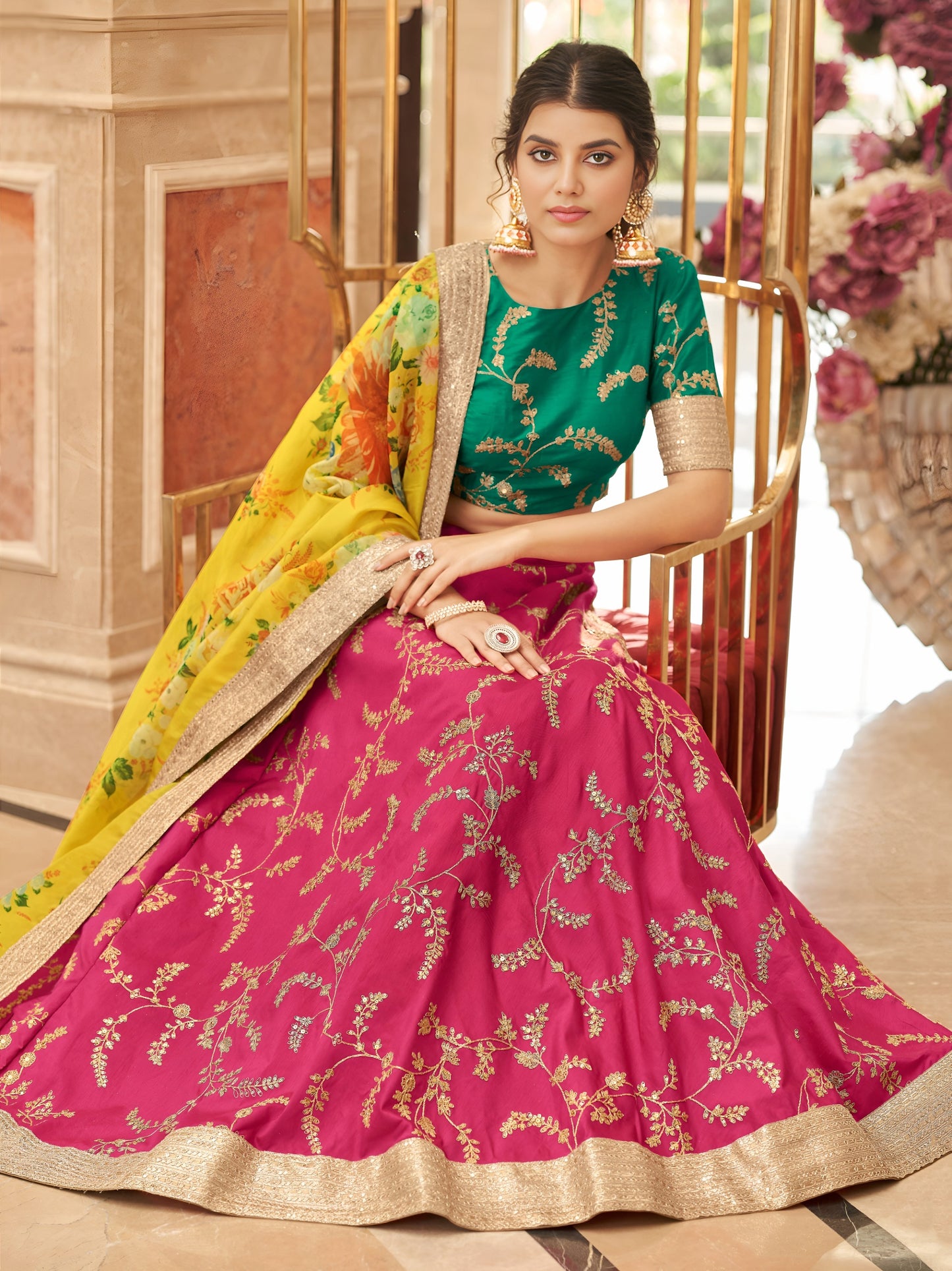 Bright Rani Pink Green Lehenga