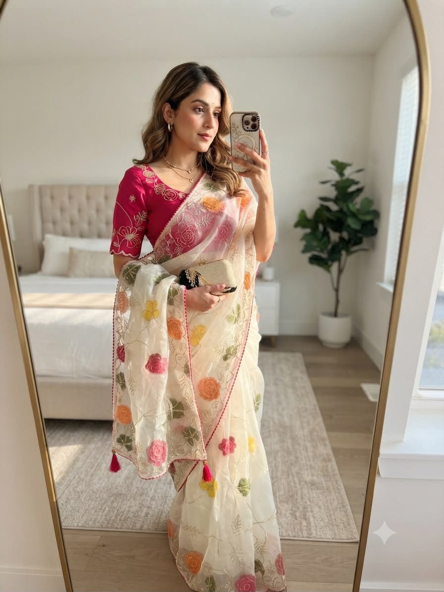 Beautiful Premium Moss Chiffon Silk Sequins Work Saree