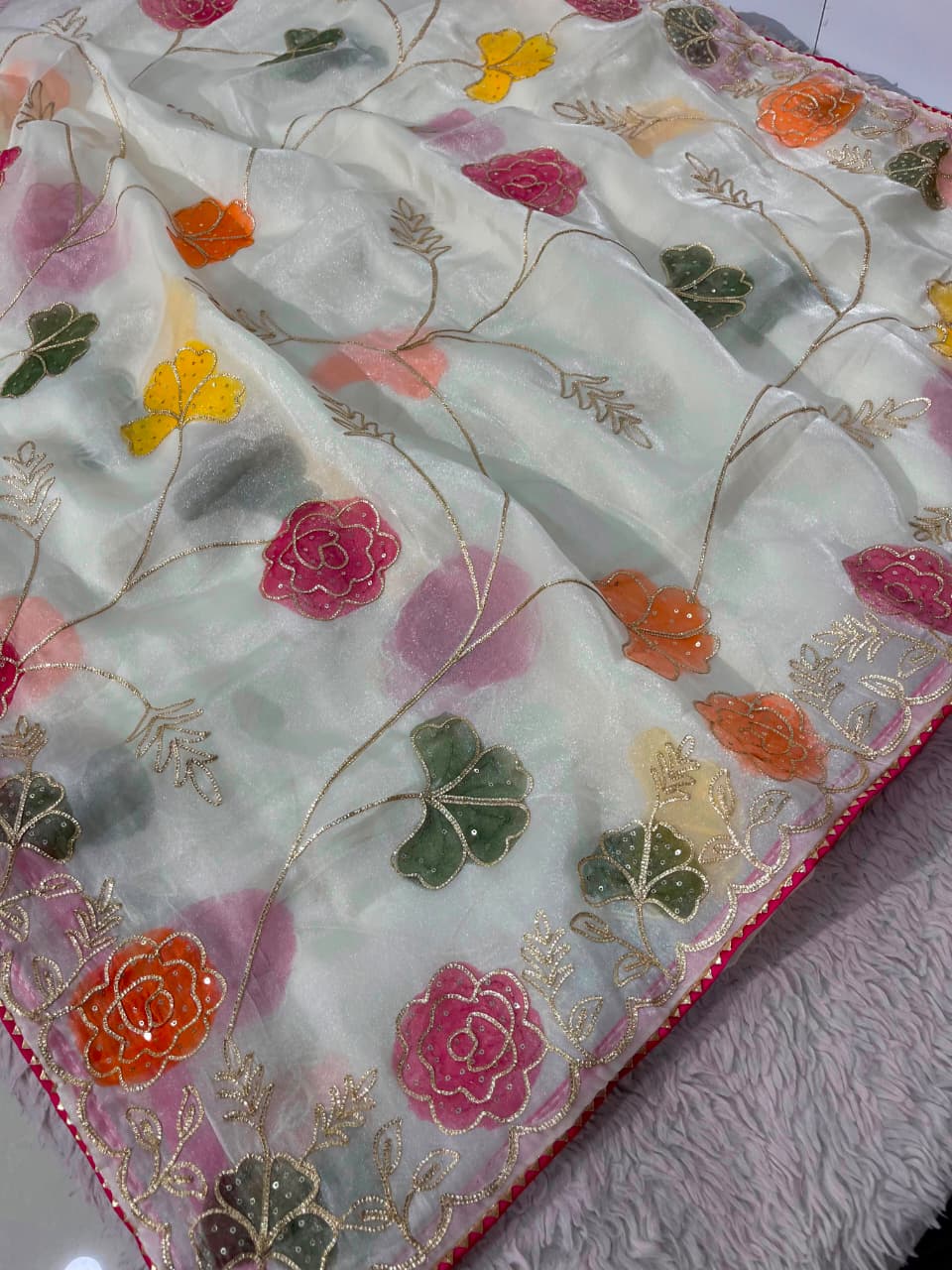 Beautiful Premium Moss Chiffon Silk Sequins Work Saree