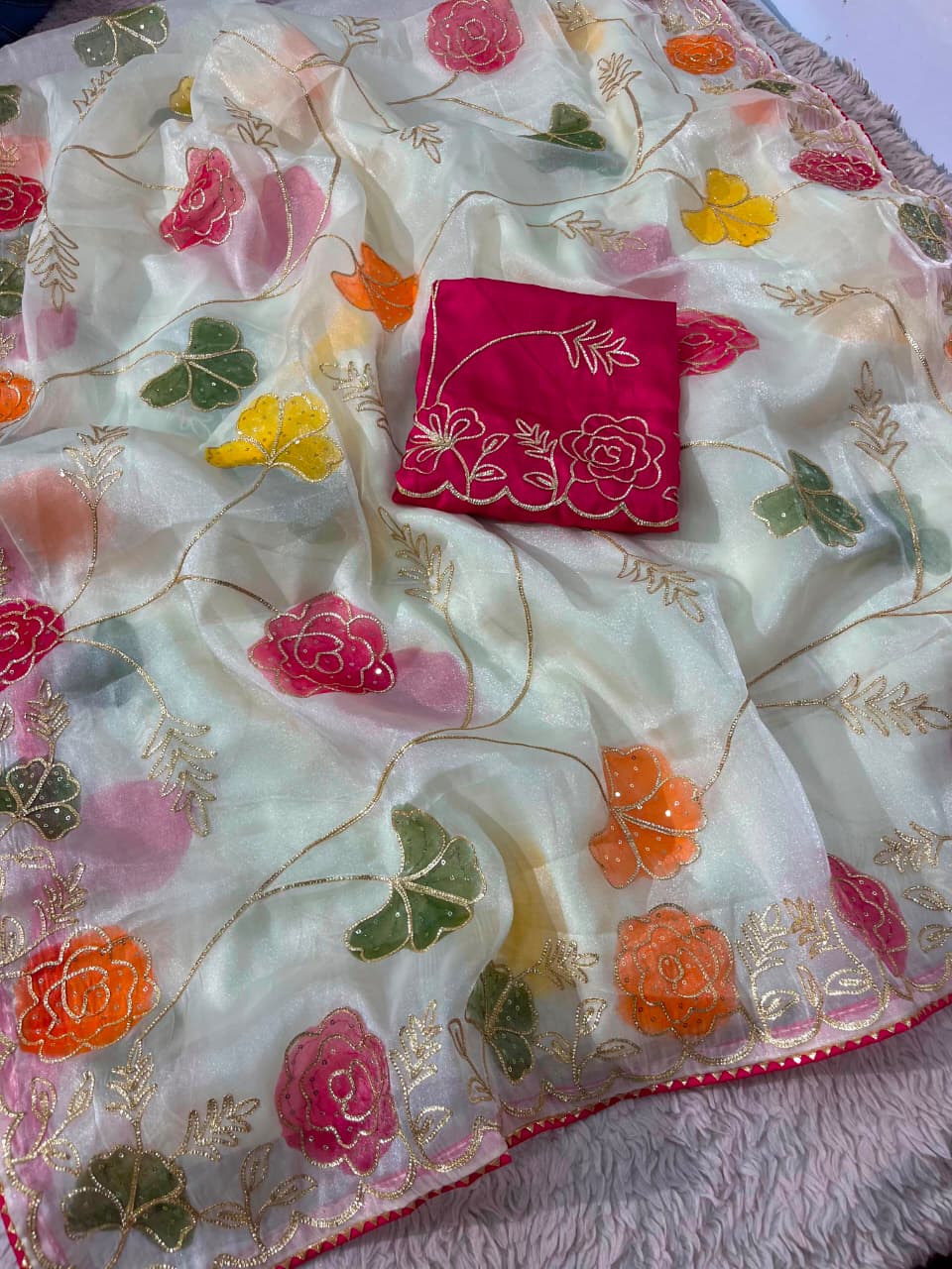 Beautiful Premium Moss Chiffon Silk Sequins Work Saree
