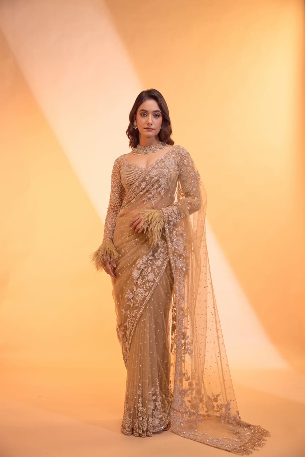 Dark Beige Bling Bollywood Style Saree