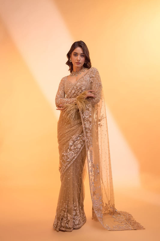 Dark Beige Bling Bollywood Style Saree