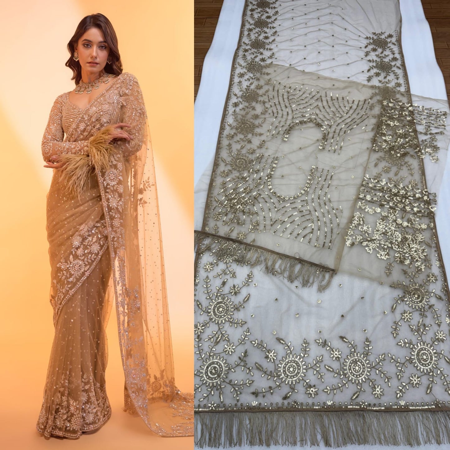 Dark Beige Bling Bollywood Style Saree