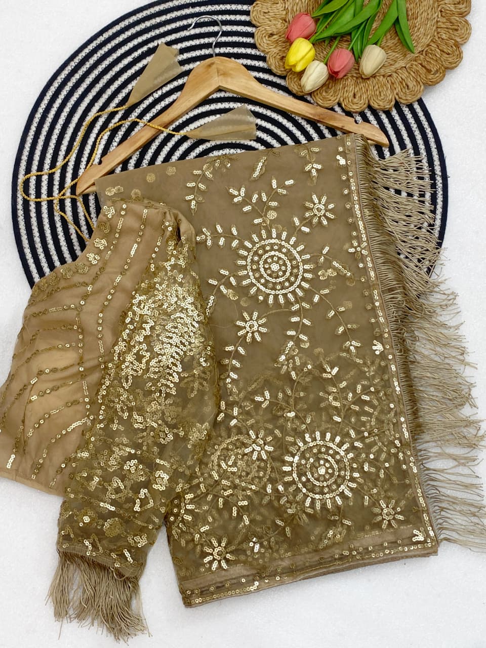 Dark Beige Bling Bollywood Style Saree