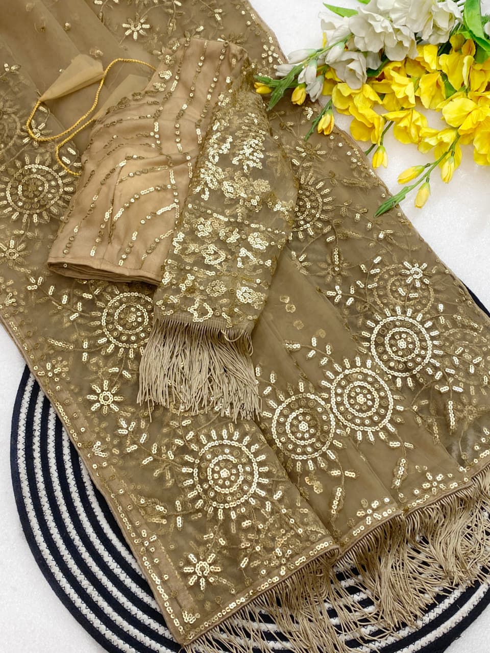 Dark Beige Bling Bollywood Style Saree