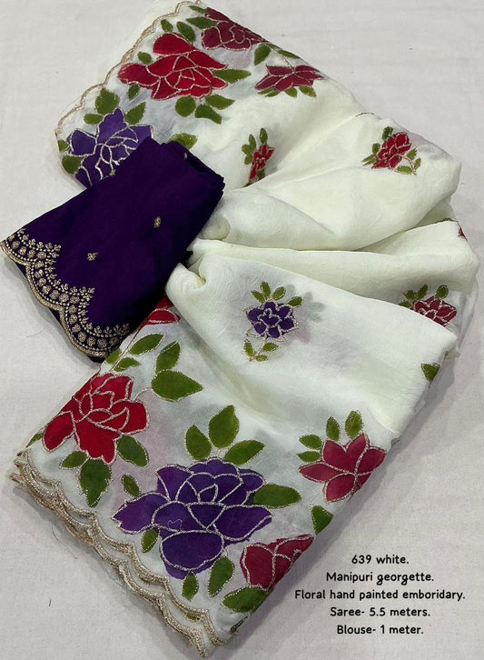 White Premium Soft Self Women Hand Painted Saree